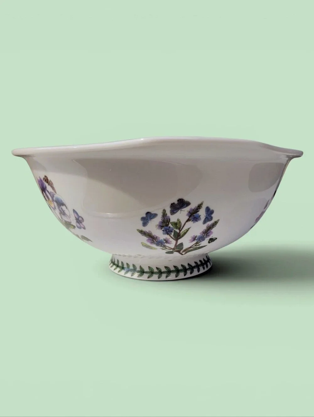 Portmeirion White Ceramic Colander with Green Leaf Border and Floral Motifs, EUC